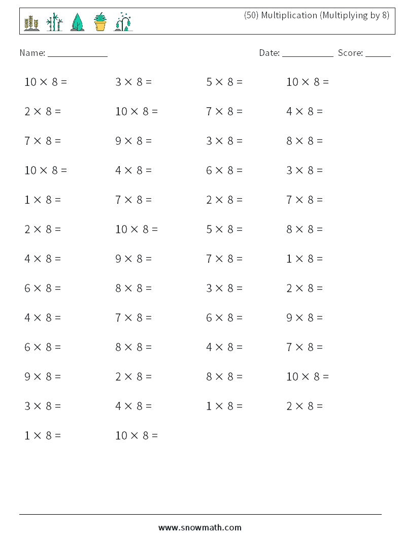 50) Multiplication (Multiplying8) Math Worksheets, Math with 8Th Grade Multiplication Worksheets