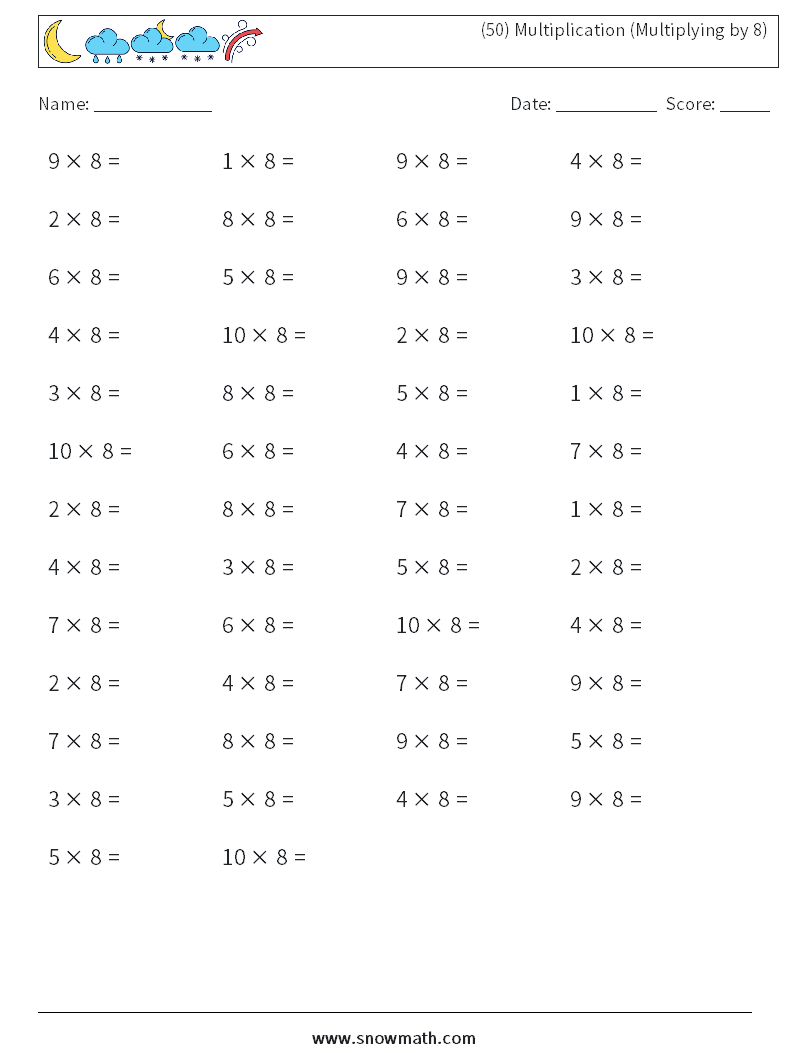 50) Multiplication (Multiplying8) Math Worksheets, Math with regard to Multiplication Worksheets by 8