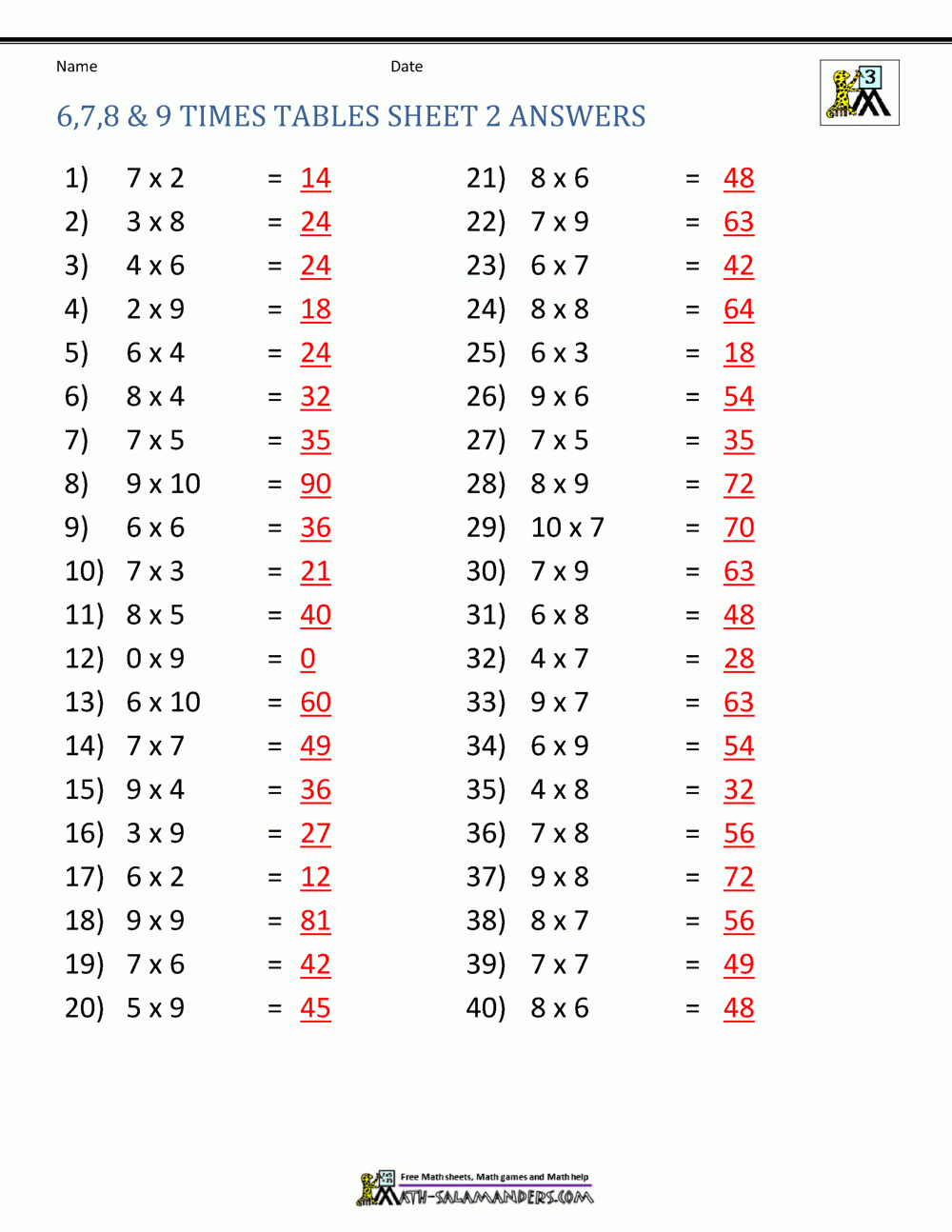 6, 7, 8 And 9 Times Tables Sheet 2 Answers with Multiplication Tables Worksheet Grade 6