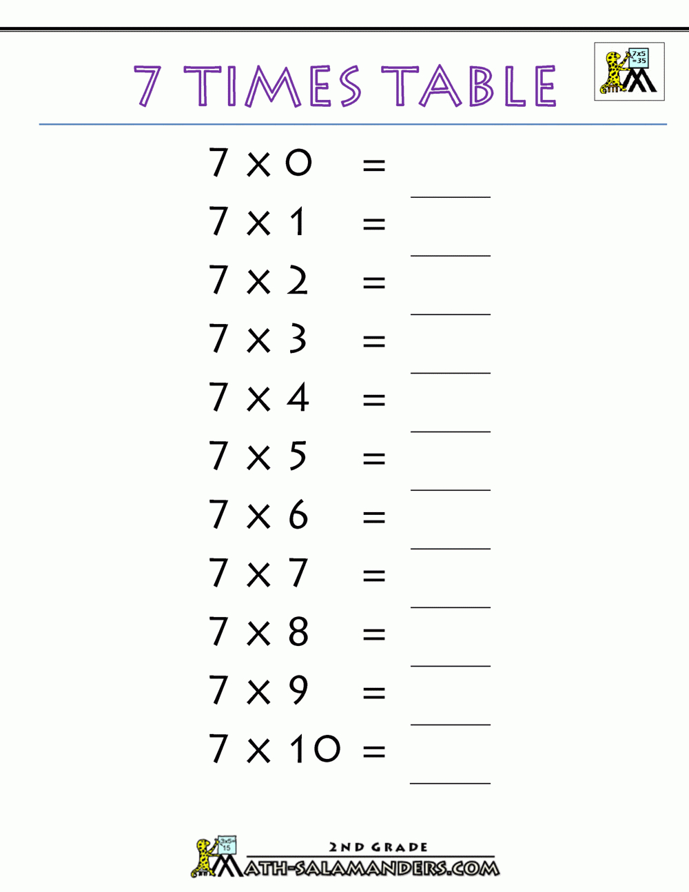 7 Times Table with 7 Multiplication Facts Worksheet