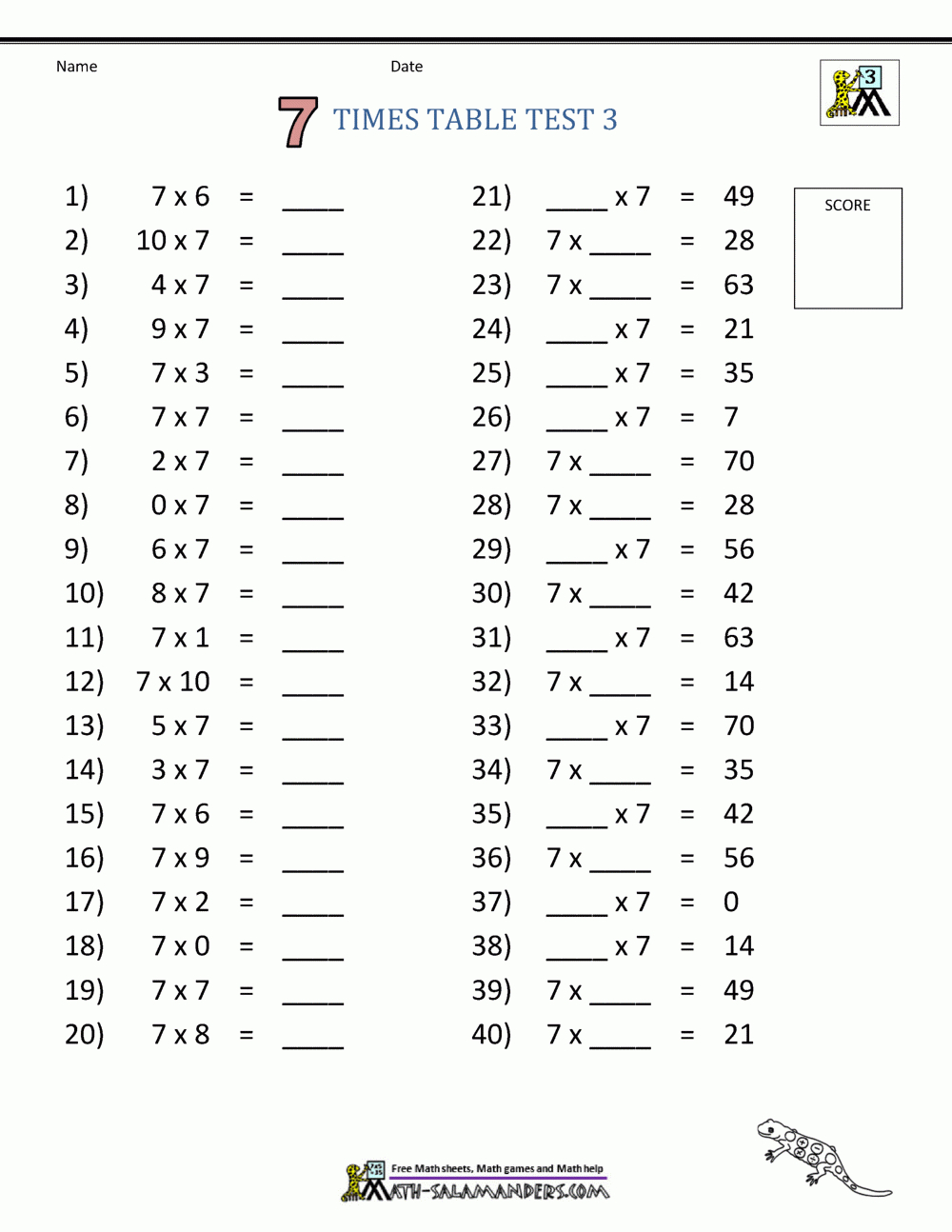 7 Times Table Worksheet Page inside 7 Multiplication Table Worksheet