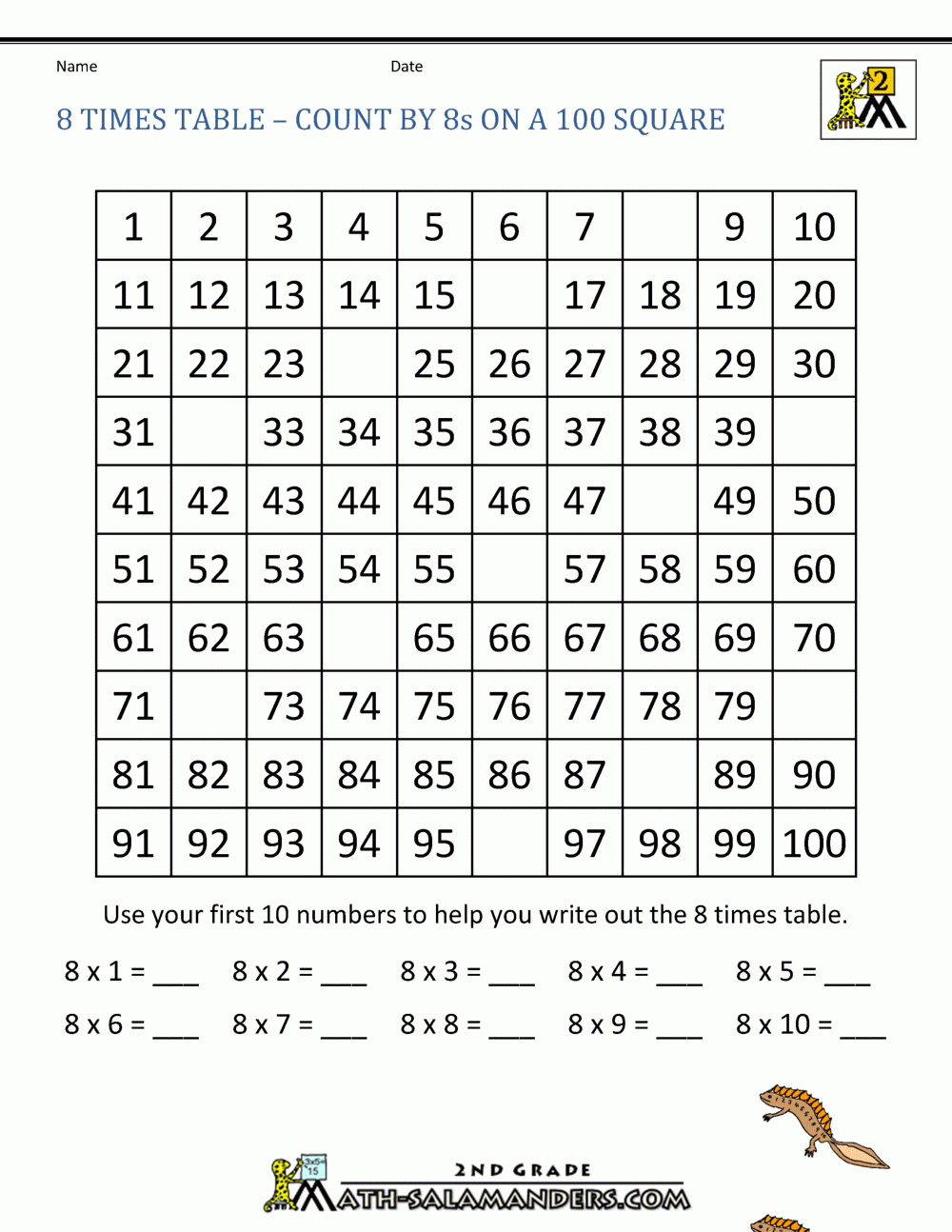 8 Times Table with Multiplication By 8 Worksheet