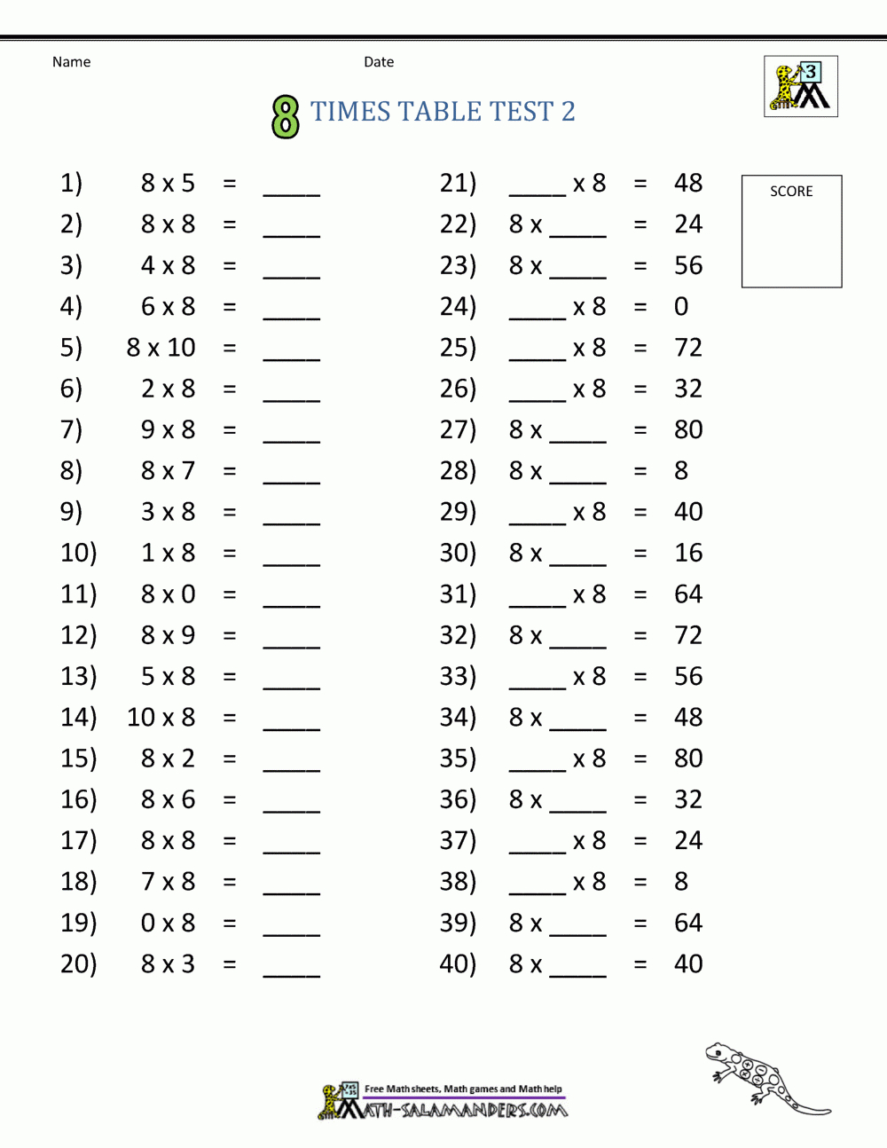 8 Times Table Worksheet Page in 8 Multiplication Facts Worksheet