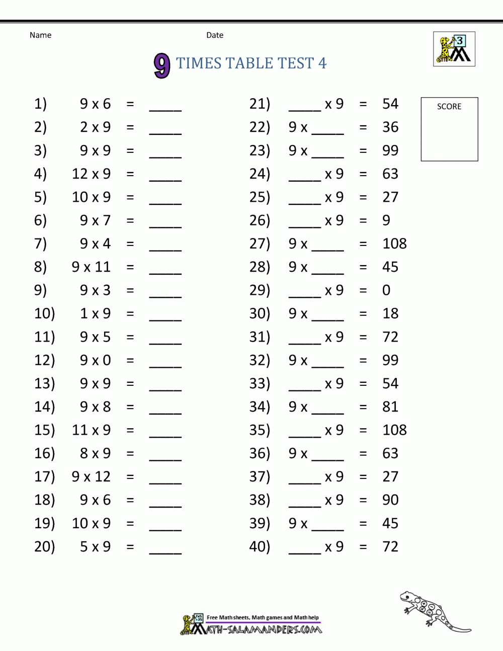 9 Times Table Worksheets in 9 Multiplication Table Worksheet