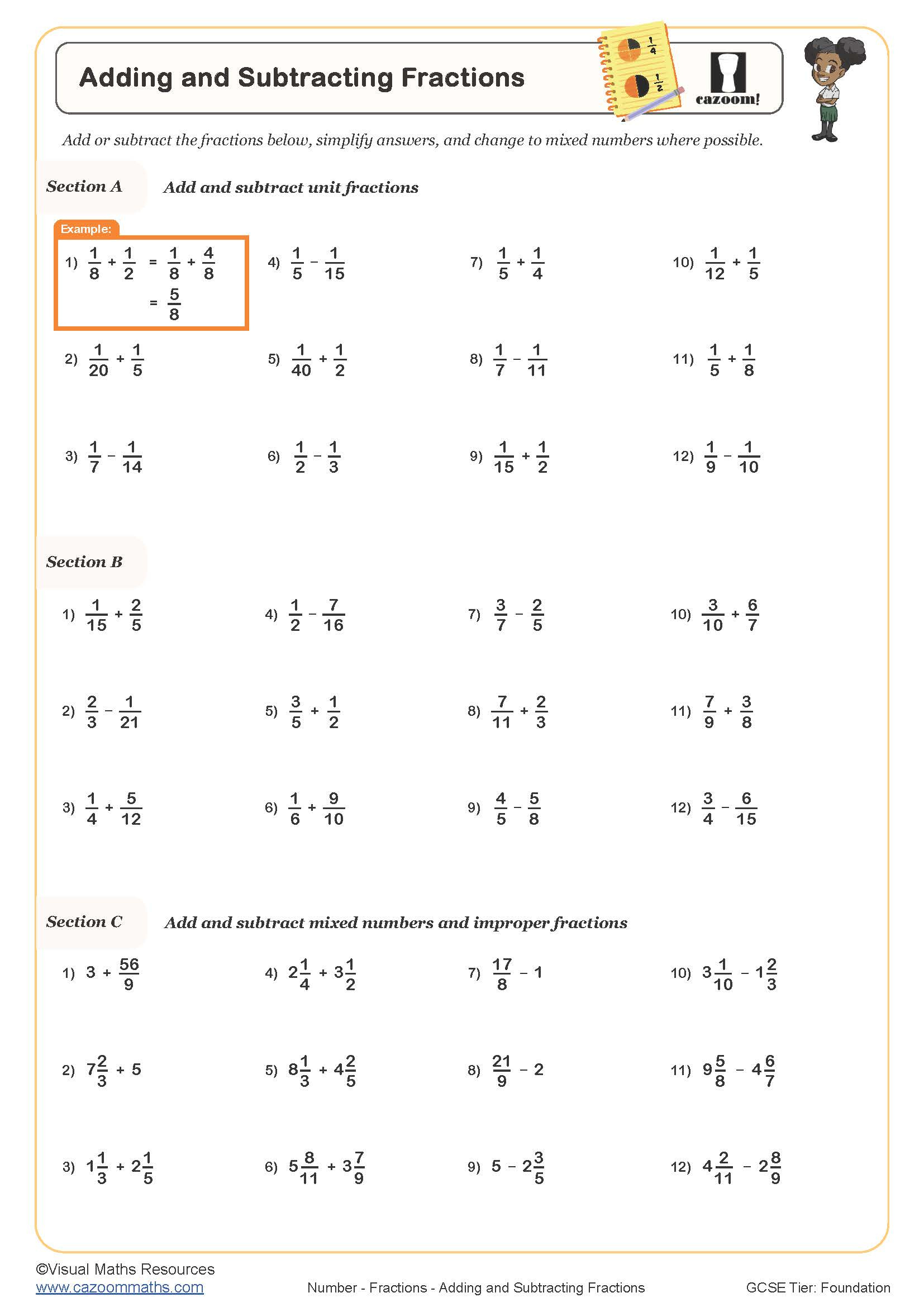 Adding And Subtracting Fractions Worksheet | Printable Maths with Addition Subtraction Multiplication Division Of Fractions Worksheets
