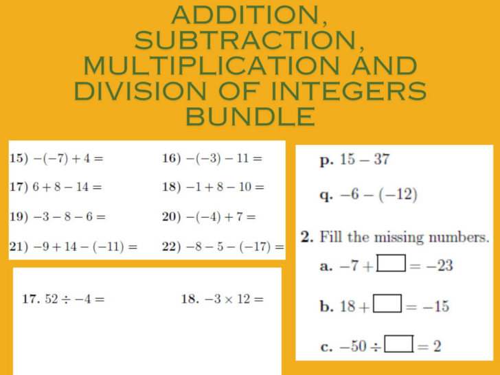 Addition Subtraction Multiplication Division of Integers Worksheets Addition Subtraction Multiplication Division of Integers Worksheets