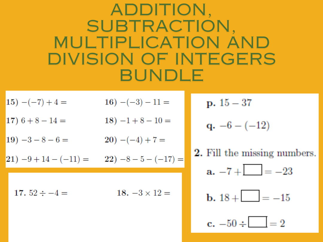 Addition, Subtraction, Multiplication And Division Of Integers for Addition Subtraction Multiplication Division of Integers Worksheets