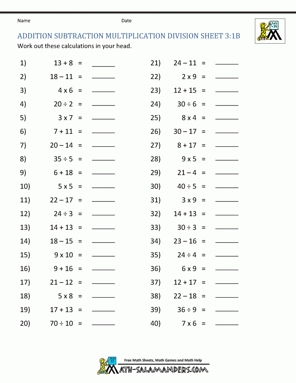 Addition Subtraction Multiplication Division Worksheets for Addition Subtraction And Multiplication Worksheets