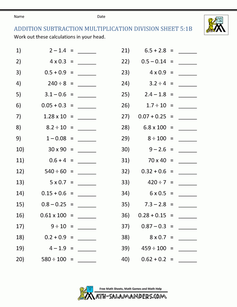 Addition Subtraction Multiplication Division Worksheets in Addition Subtraction Multiplication and Division Worksheet