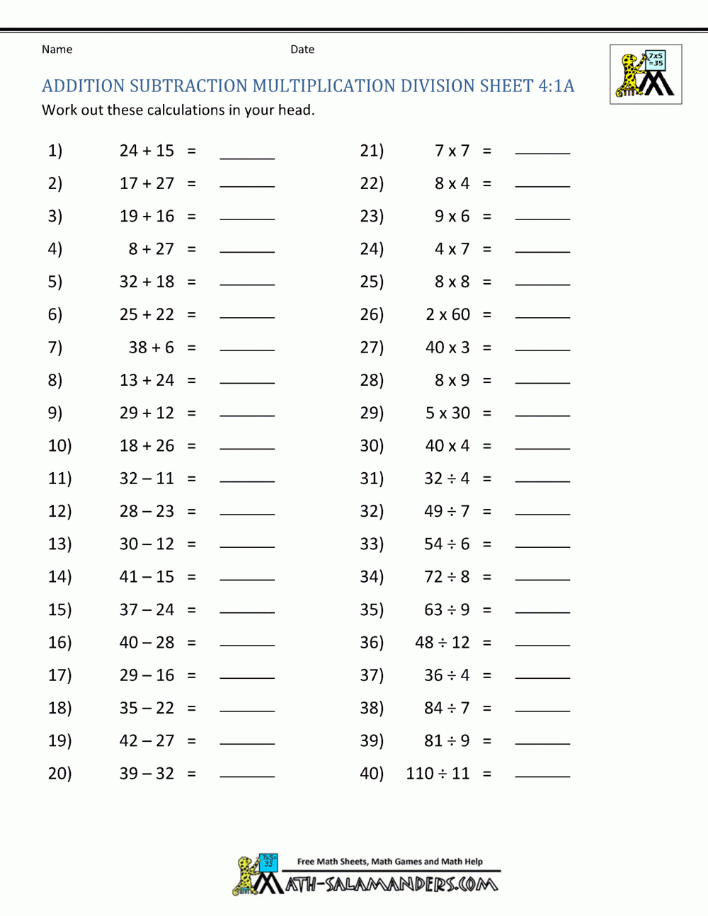 Addition Subtraction Multiplication Division Worksheets intended for Division Multiplication Addition Subtraction Worksheets