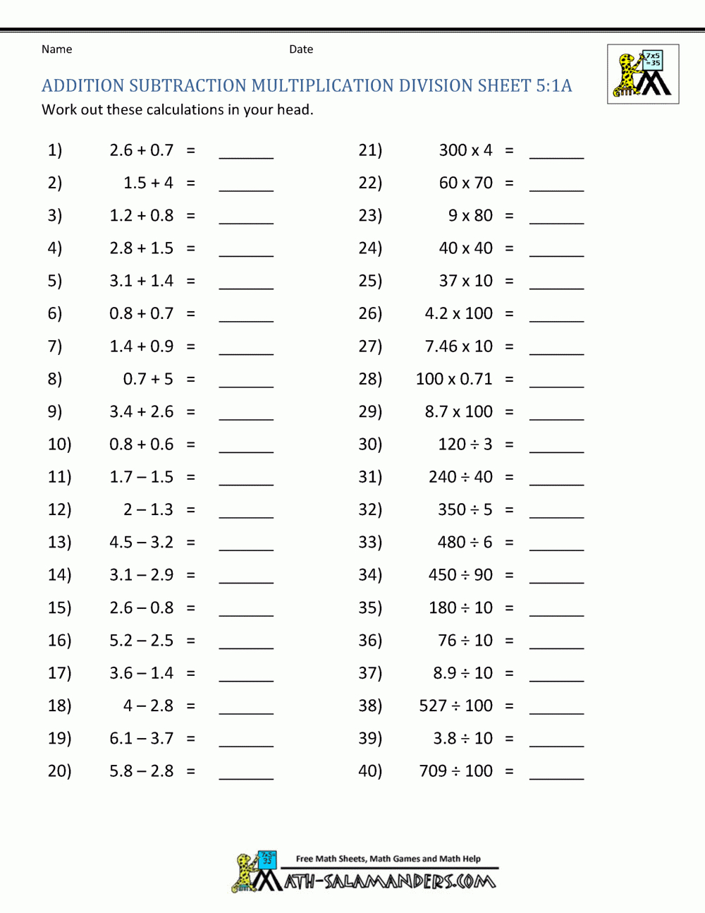 Addition Subtraction Multiplication Division Worksheets regarding Decimal Addition Subtraction Multiplication and Division Worksheets