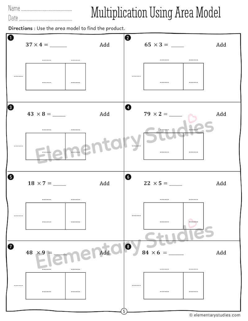 Area Model Multiplication 2-Digit1-Digit - Elementary Studies intended for 2-Digit by 1-Digit Multiplication Area Model Worksheets