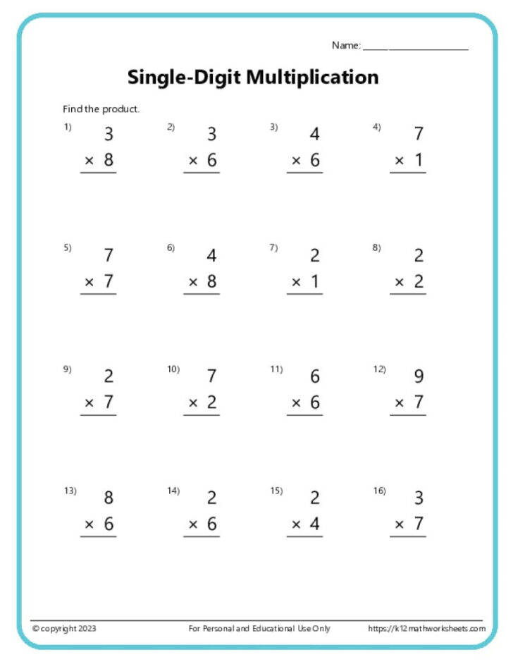 Multiplication 1 Digit Worksheets