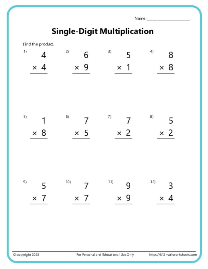 Multiplication 2 Digit by 1 Digit Worksheet