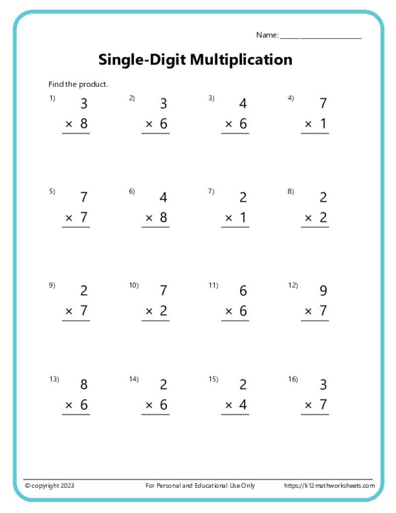 Basic Multiplication Worksheets - K12 Math Worksheets within Single Digit Multiplication Worksheets Free Printable