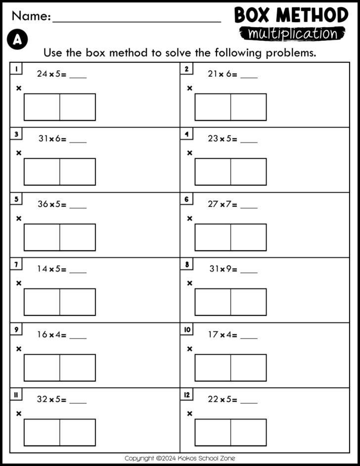 2-Digit by 1-Digit Multiplication Area Model Worksheets