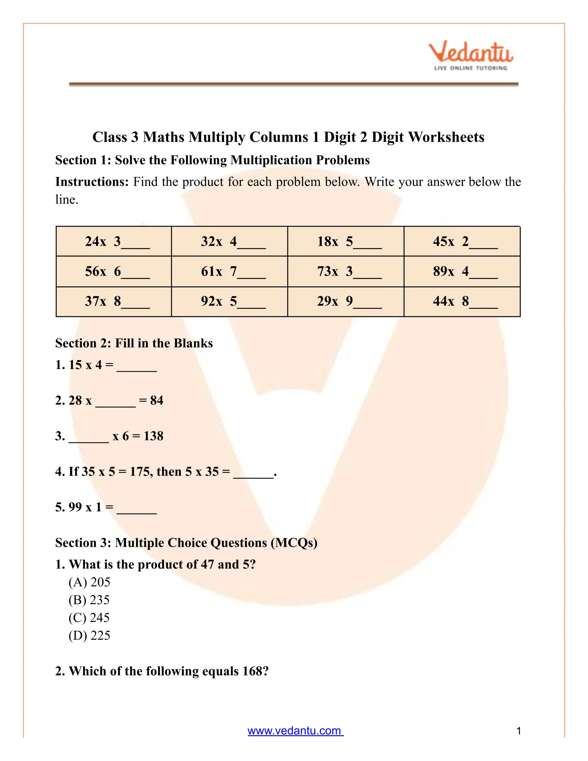 Class 3 Maths Multiply Columns 1 Digit 2 Digit Worksheet Pdf in Multiplication Carryover For Class 3 Live Worksheets