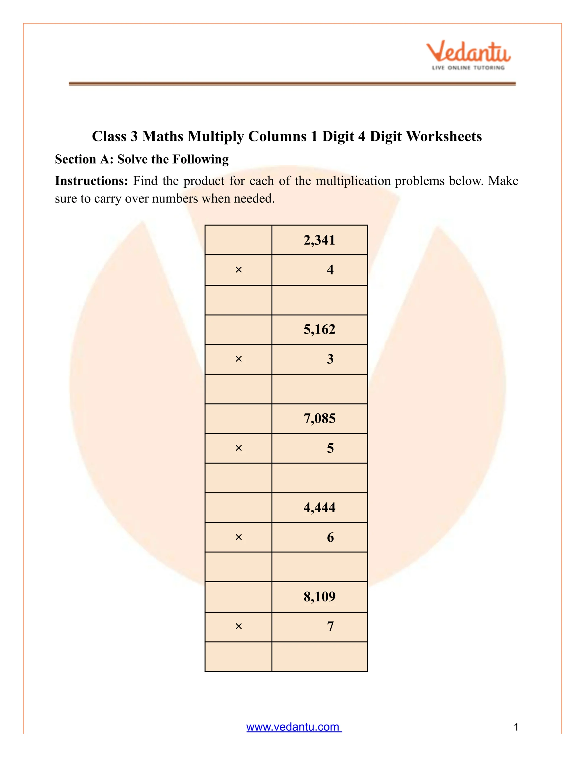 Class 3 Maths Multiply Columns 1 Digit × 4 Digit Worksheet Pdf within Multiplication Carryover For Class 3 Live Worksheets