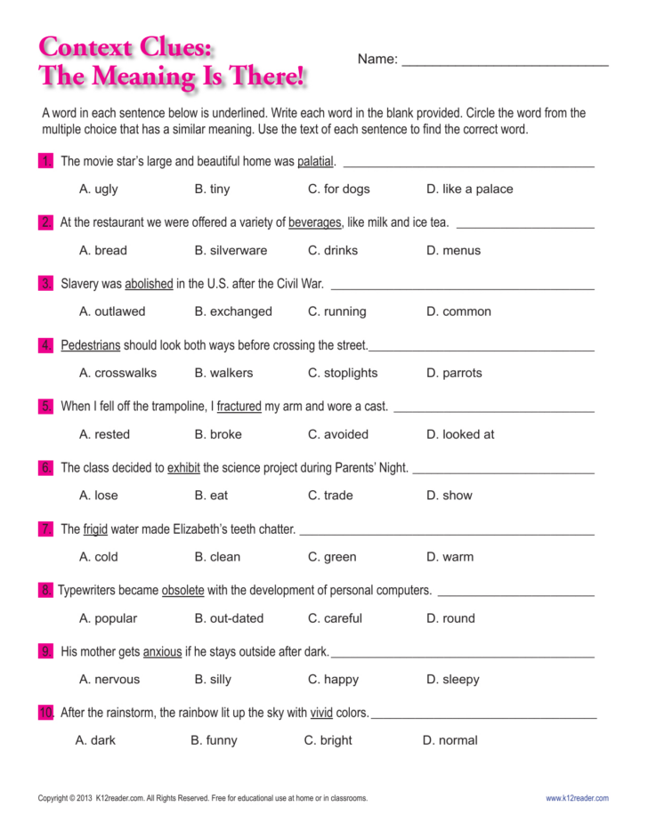 Context Clues Worksheets Multiple Choice with Answers