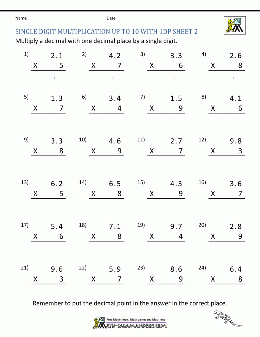 Decimal Multiplication Worksheets 5Th Grade for Fifth Grade Multiplication Worksheets