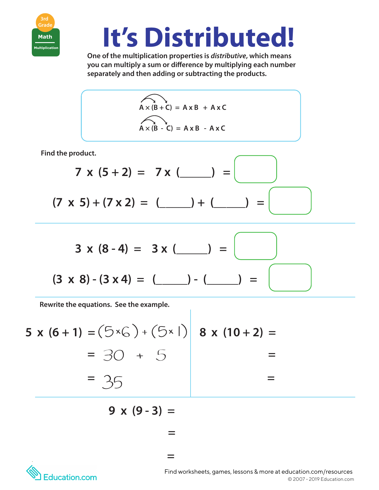 Distributive Property Multiplication Worksheet in Distributive Property of Multiplication Worksheets Grade 3