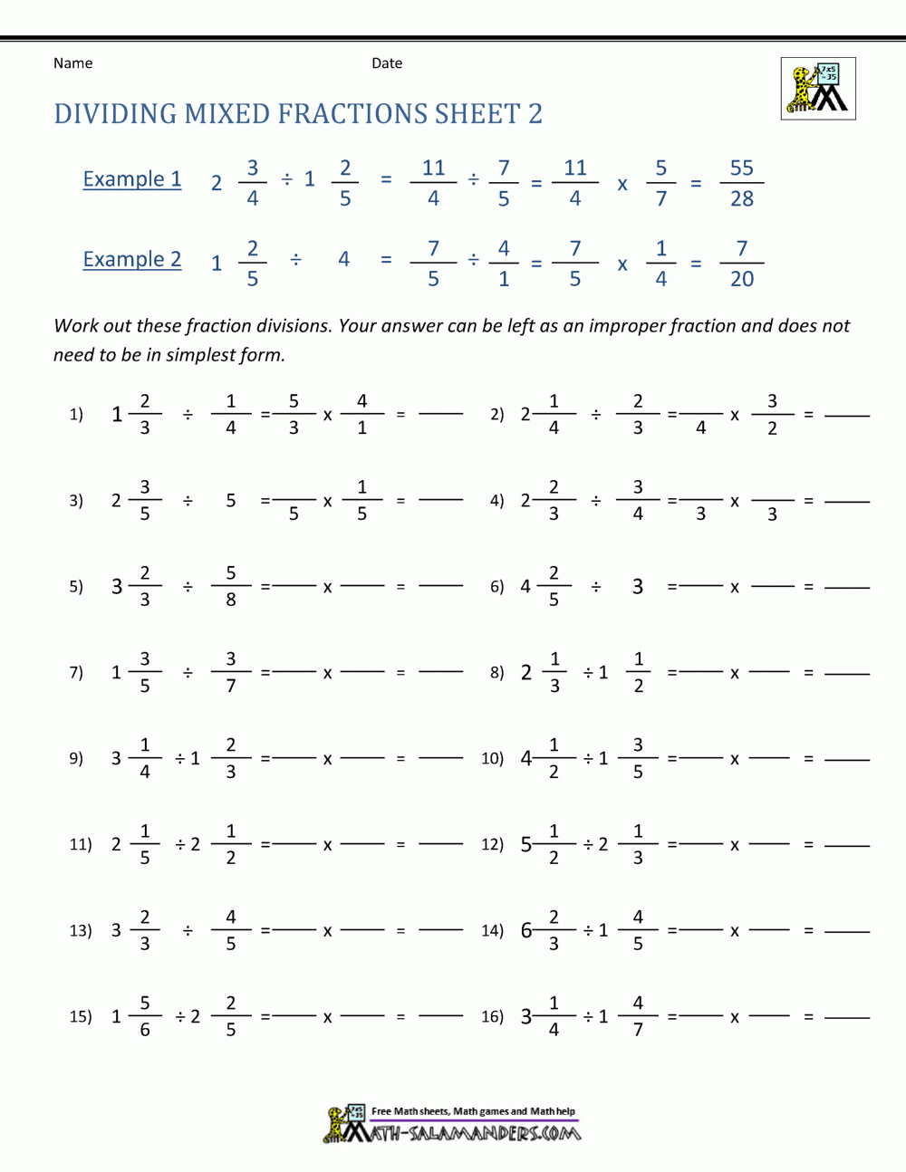 Dividing Mixed Fractions Worksheet for Mixed Fraction Multiplication And Division Worksheet