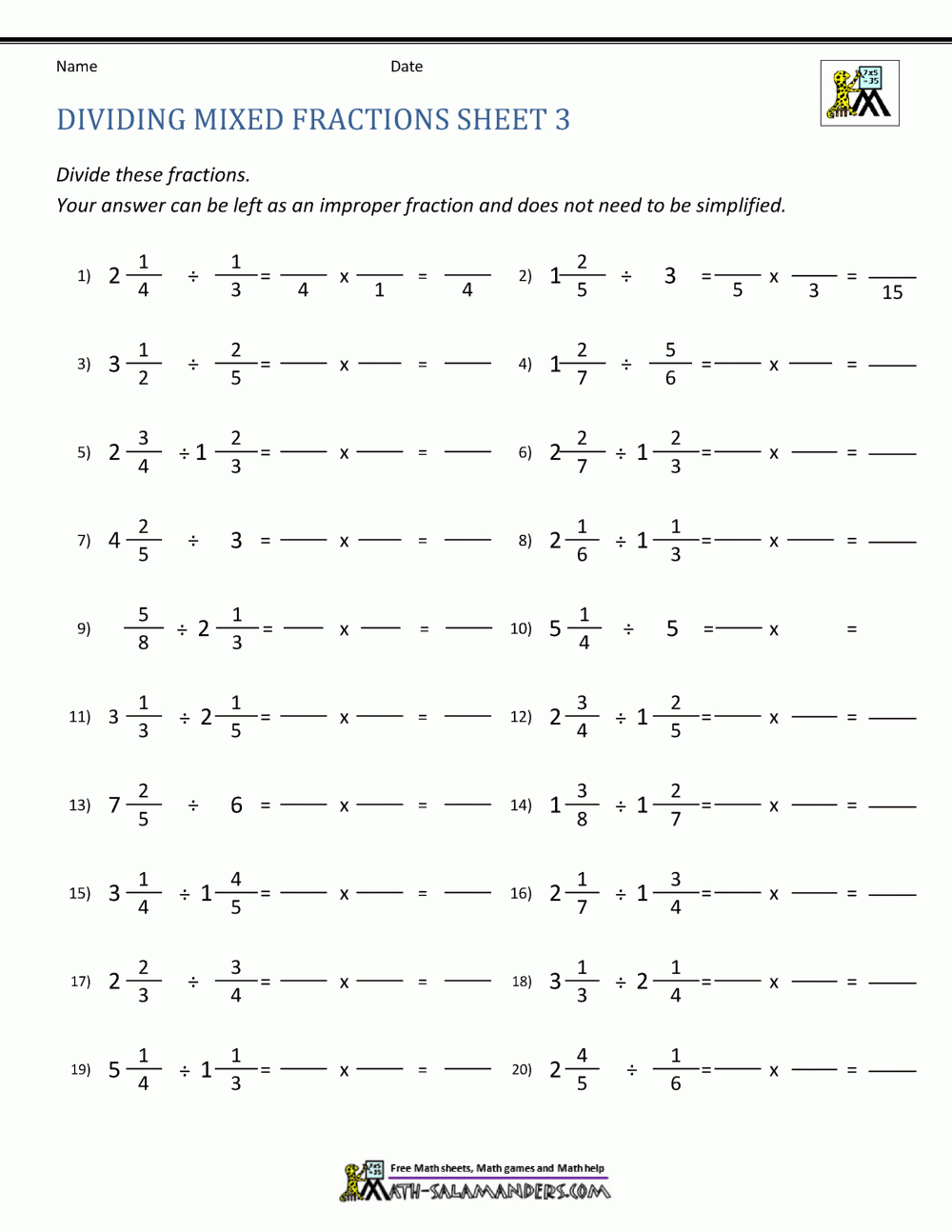 Dividing Mixed Fractions Worksheet inside Addition Subtraction Multiplication and Division of Fractions Worksheets