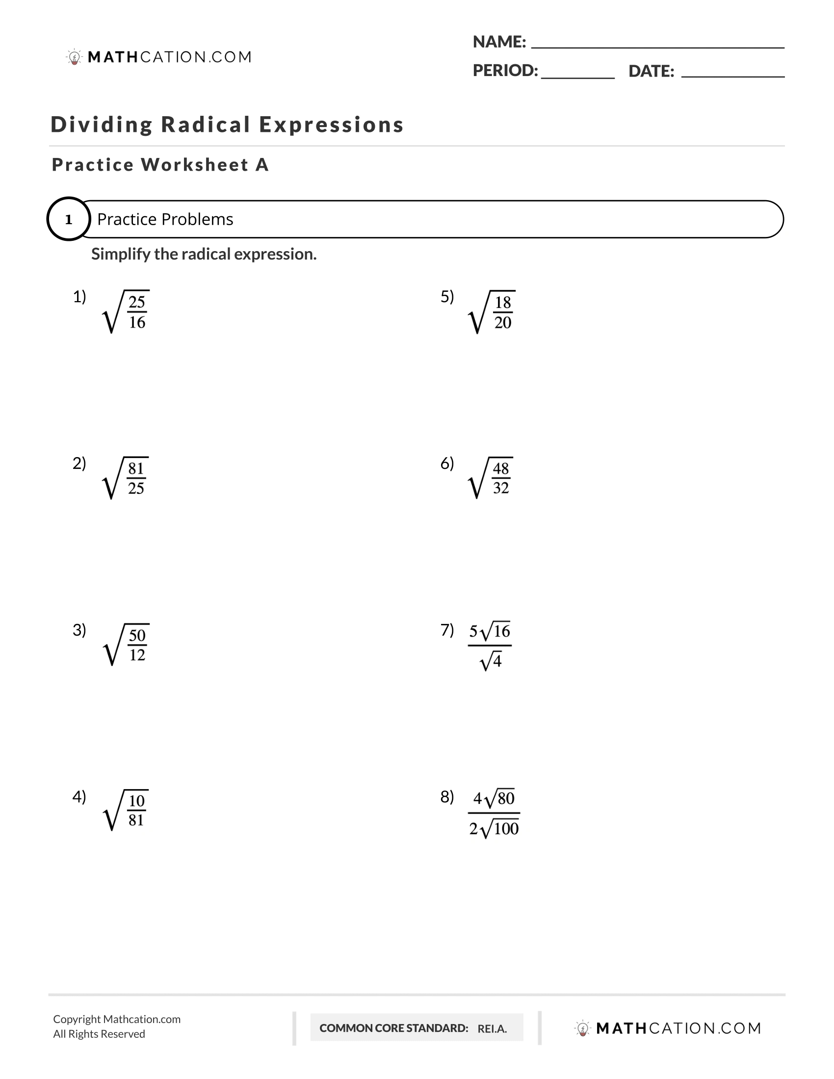 Dividing Radicals Worksheet, Rules, And Examples within Multiplication And Division Of Radicals Worksheet