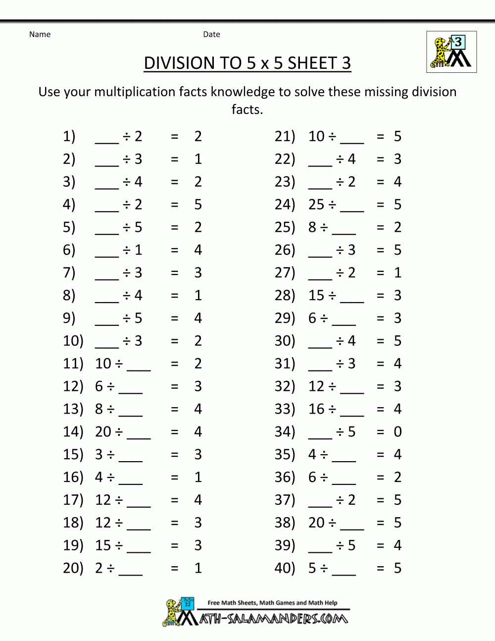 Division Facts Worksheets pertaining to Free Multiplication And Division Worksheets