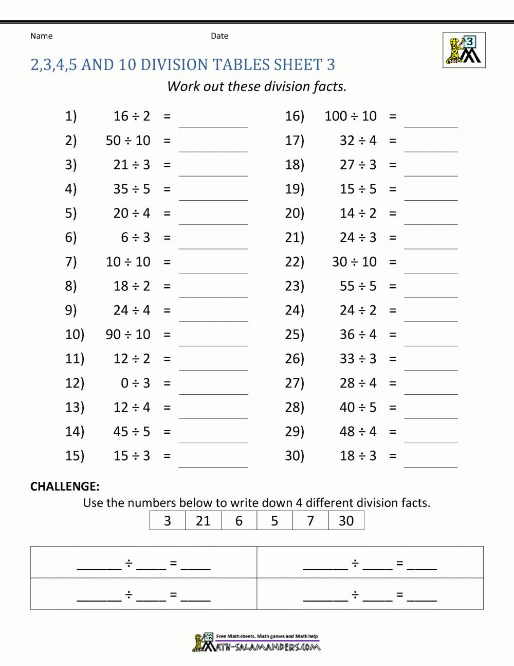 Division Facts Worksheets pertaining to Multiplication And Division Tables Worksheets