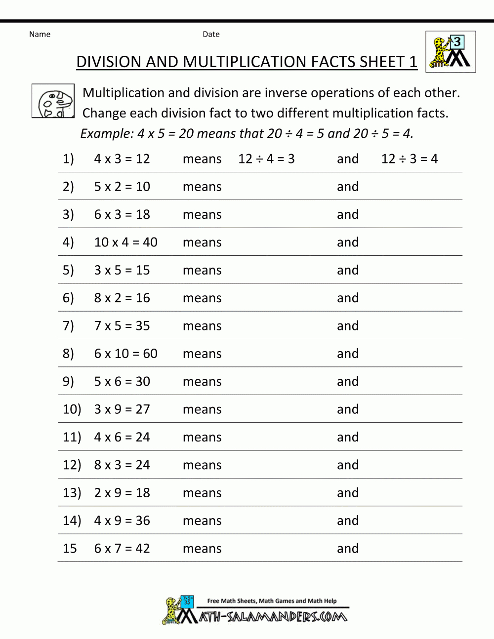 Division Facts Worksheets pertaining to Multiplication Division Facts Worksheets