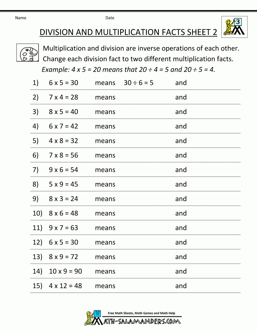 Division Facts Worksheets pertaining to Worksheet On Multiplication and Division For Grade 3