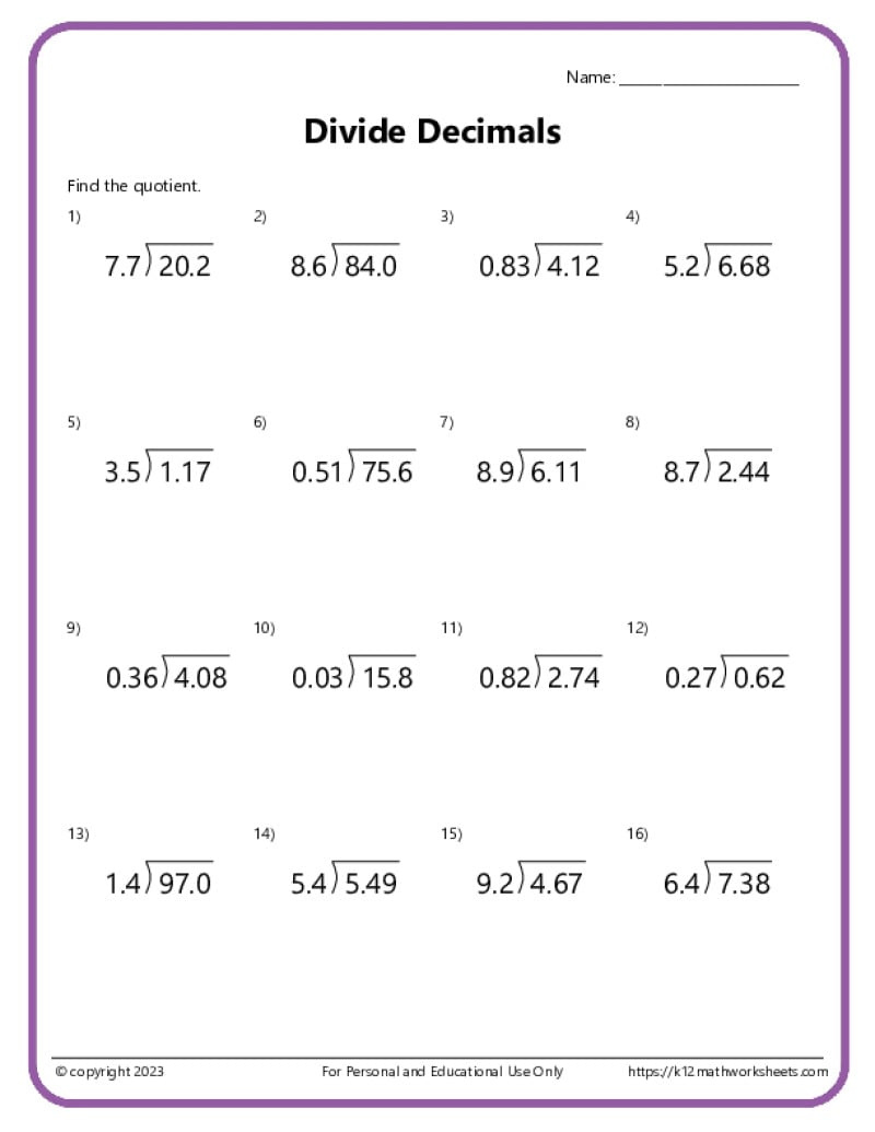 Division With Decimals Worksheets - K12 Math Worksheets within Decimal Addition Subtraction Multiplication And Division Worksheets