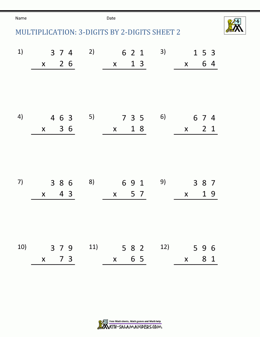 Double Digit Multiplication Worksheets 4Th Grade for 3 Digit By 2 Digit Multiplication Worksheet