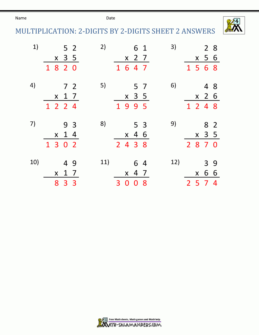 Double Digit Multiplication Worksheets 4Th Grade pertaining to 3 Digit by 2 Digit Multiplication Worksheets with Answers