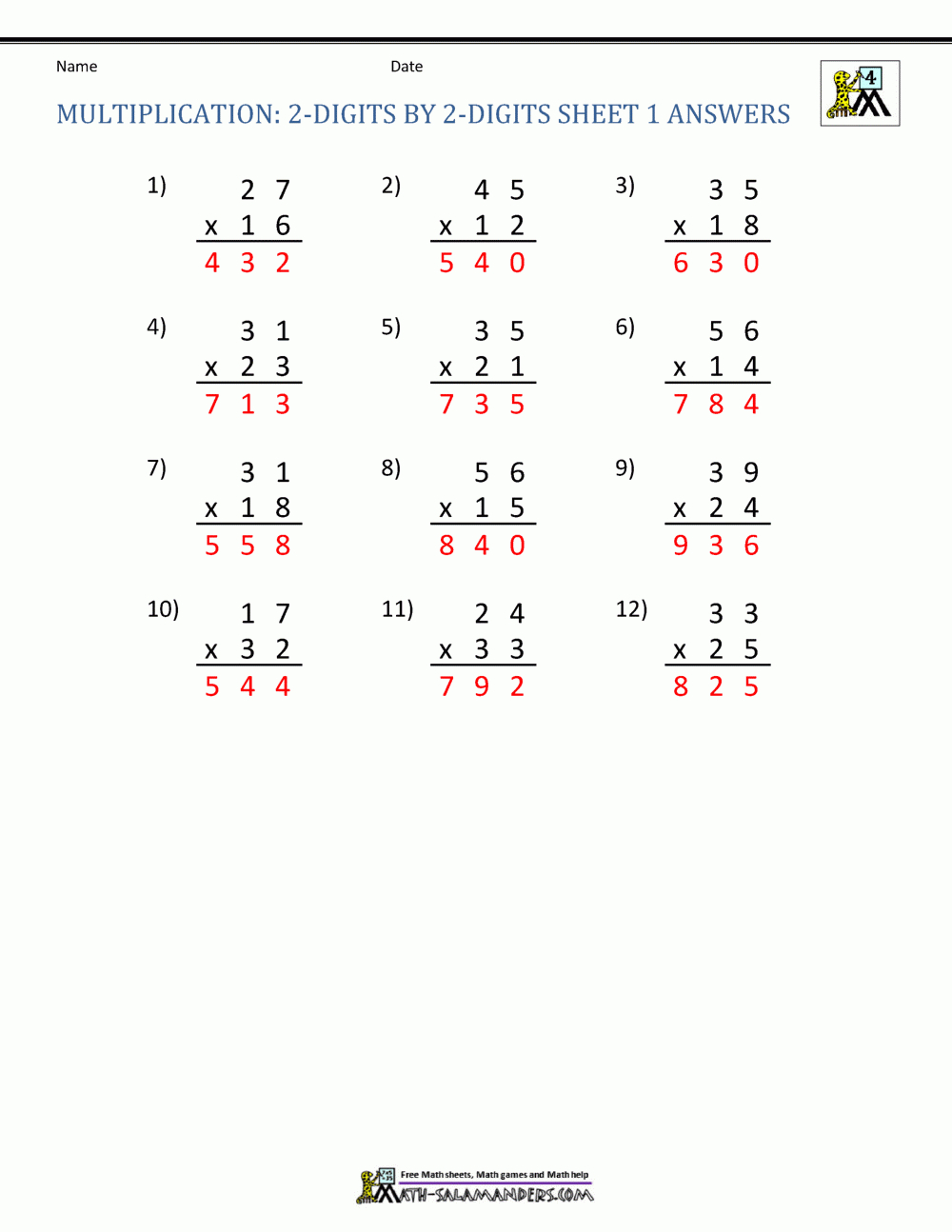 Double Digit Multiplication Worksheets 4Th Grade with 2 Digit by 2 Digit Multiplication Worksheets Answers