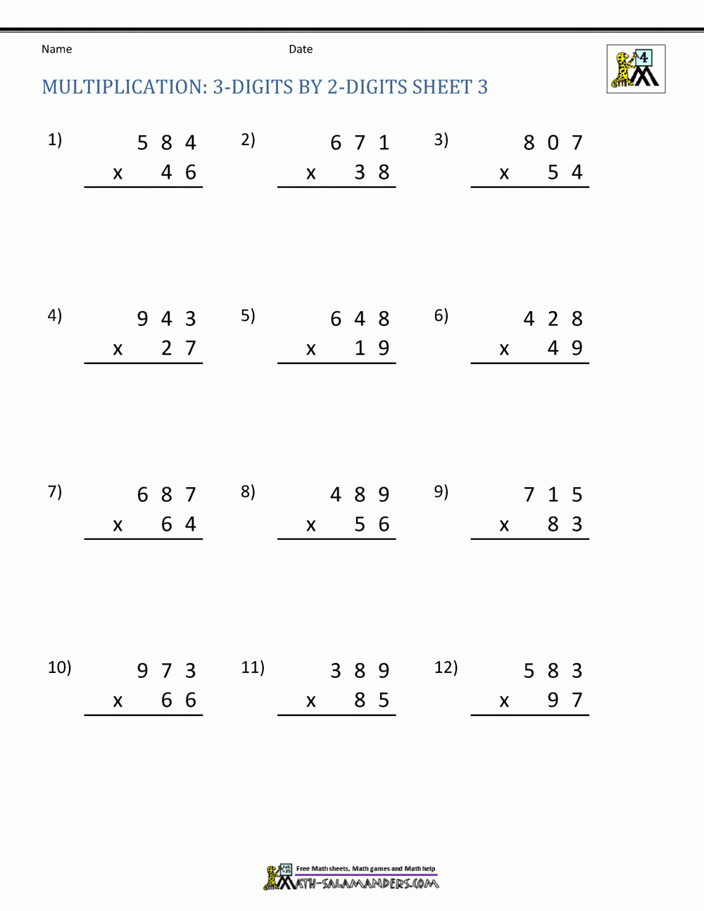Double Digit Multiplication Worksheets 4Th Grade with regard to Multiplication 2 Digit by 3 Digit Worksheets