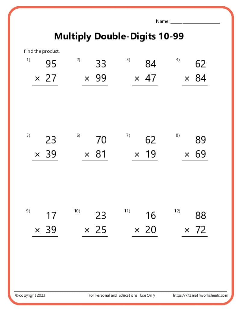 Double-Digit Multiplication Worksheets in Printable Double Digit Multiplication Worksheets