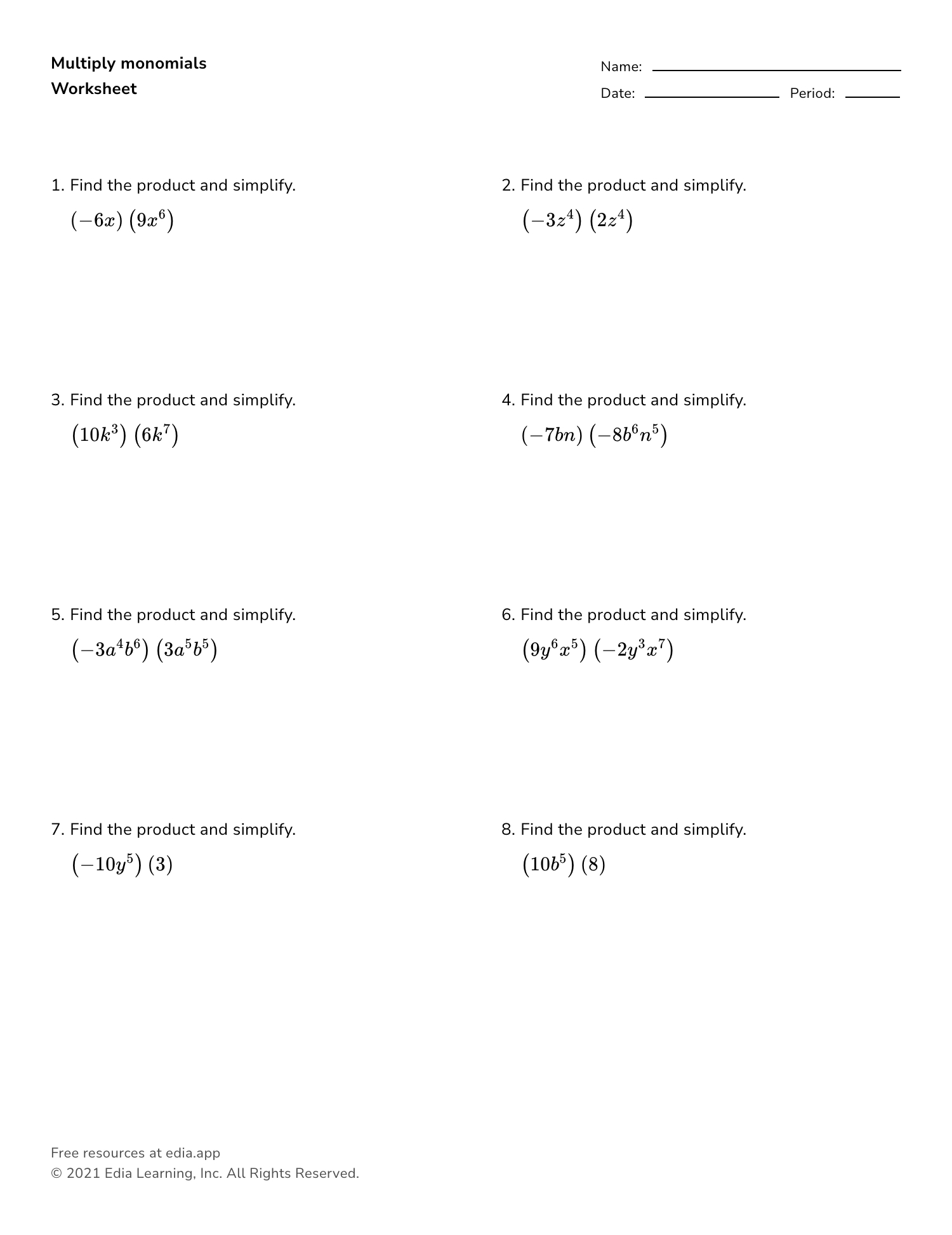 Edia | Ai Platform For Student Outcomes in Multiplication Of Monomials Worksheet