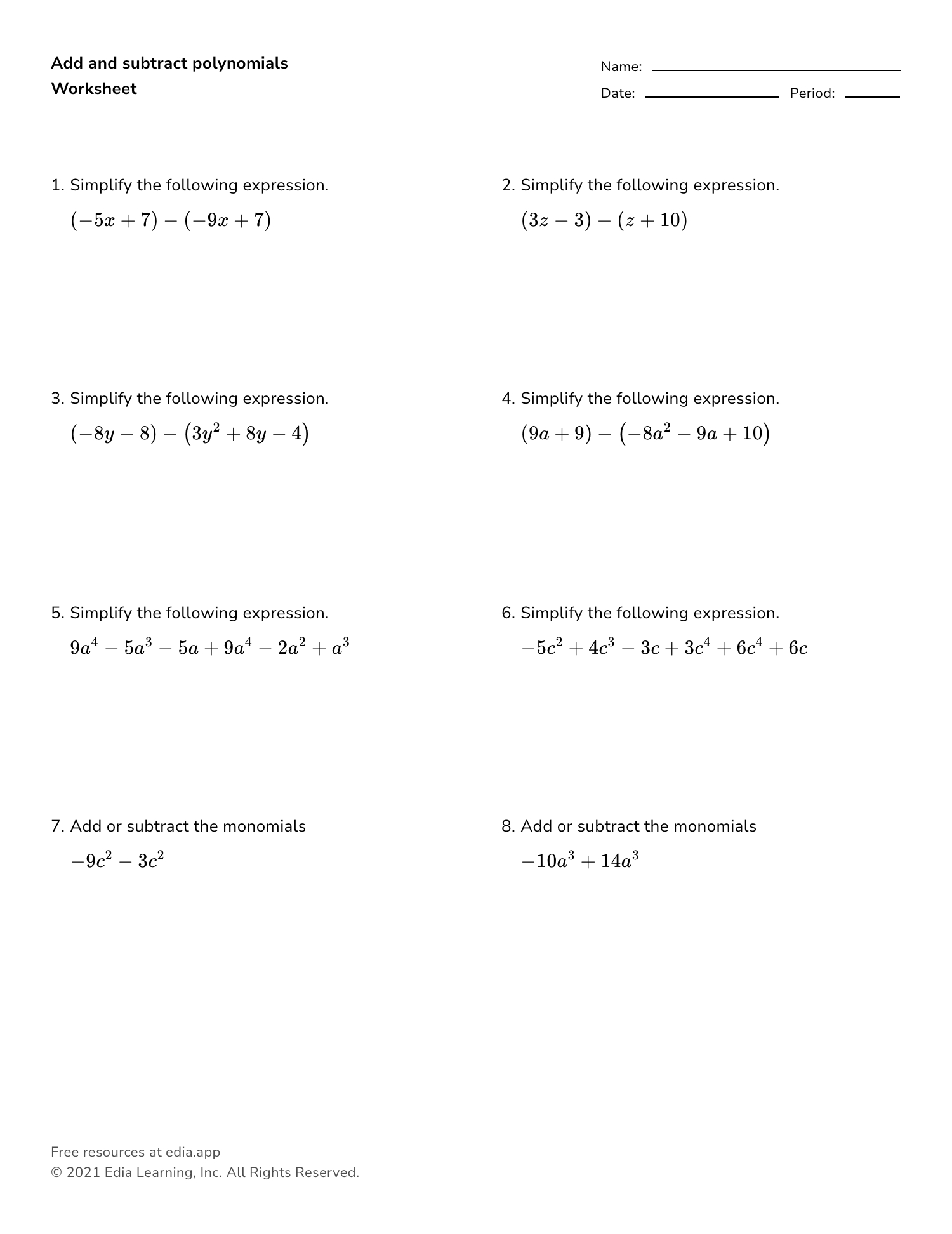 Edia | Ai Platform For Student Outcomes throughout Polynomial Addition Subtraction And Multiplication Worksheet