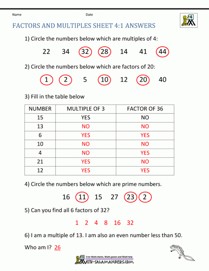 Factors and Multiples Worksheet Grade 4