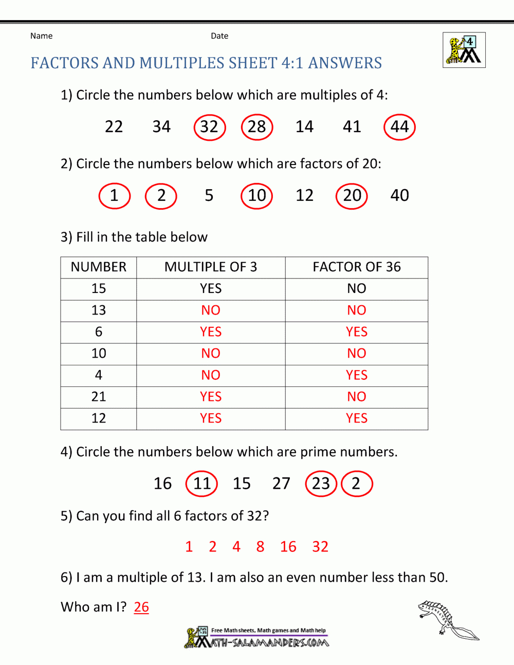 Factors And Multiples Sheet 4:1 Answers throughout Worksheets For Factors and Multiples
