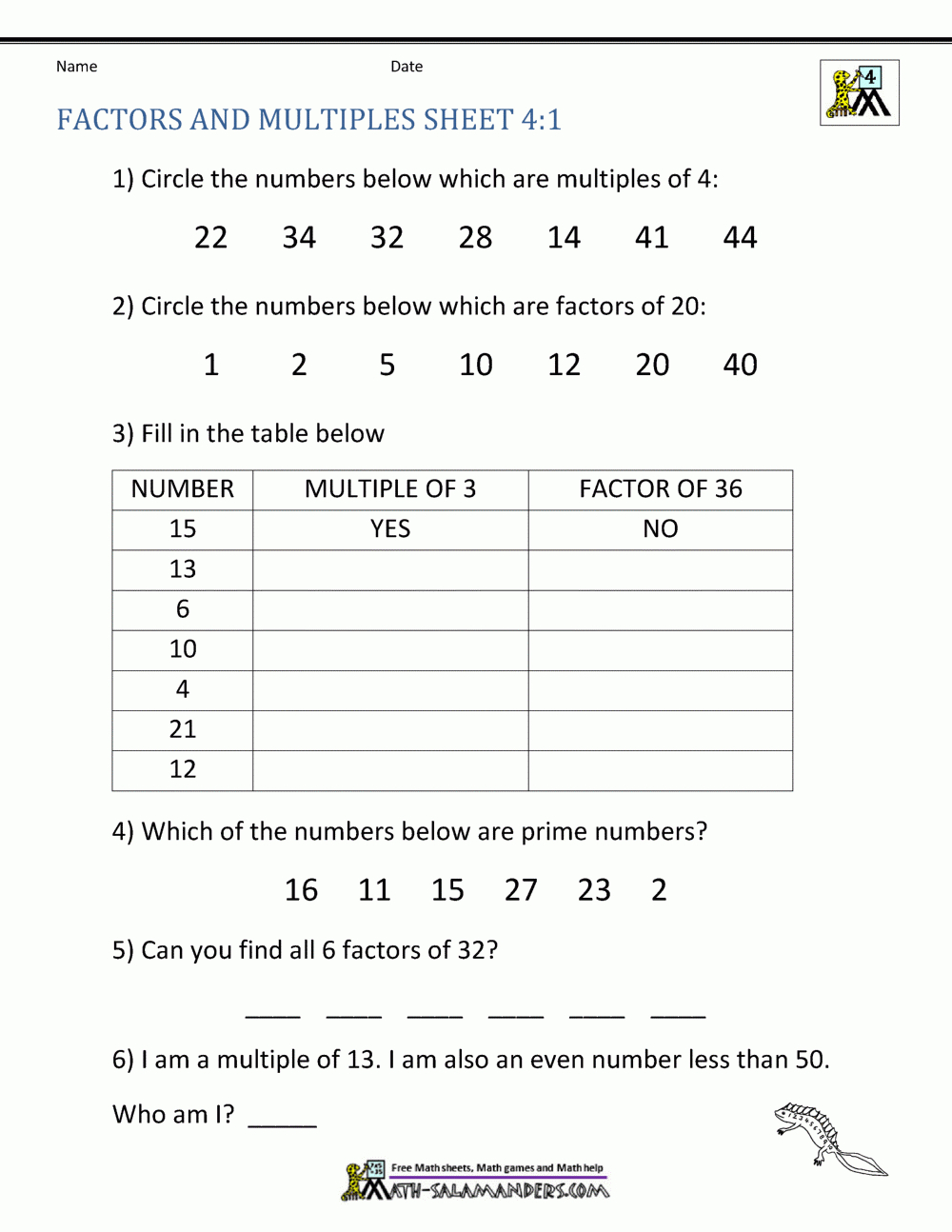 Factors And Multiples Worksheet in Worksheets For Factors and Multiples