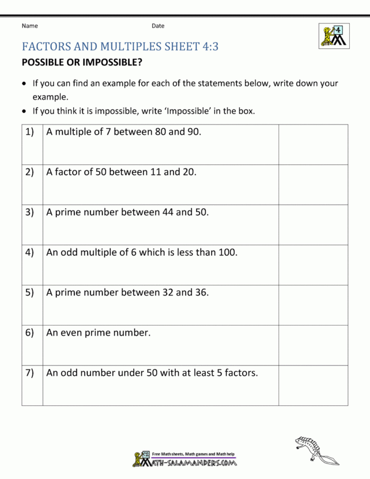 Factors and Multiples Worksheet For Class 6