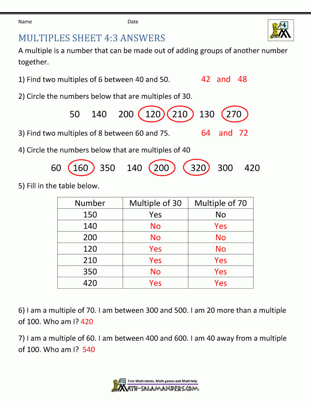 Factors And Multiples Worksheet intended for Find The Multiples Worksheet