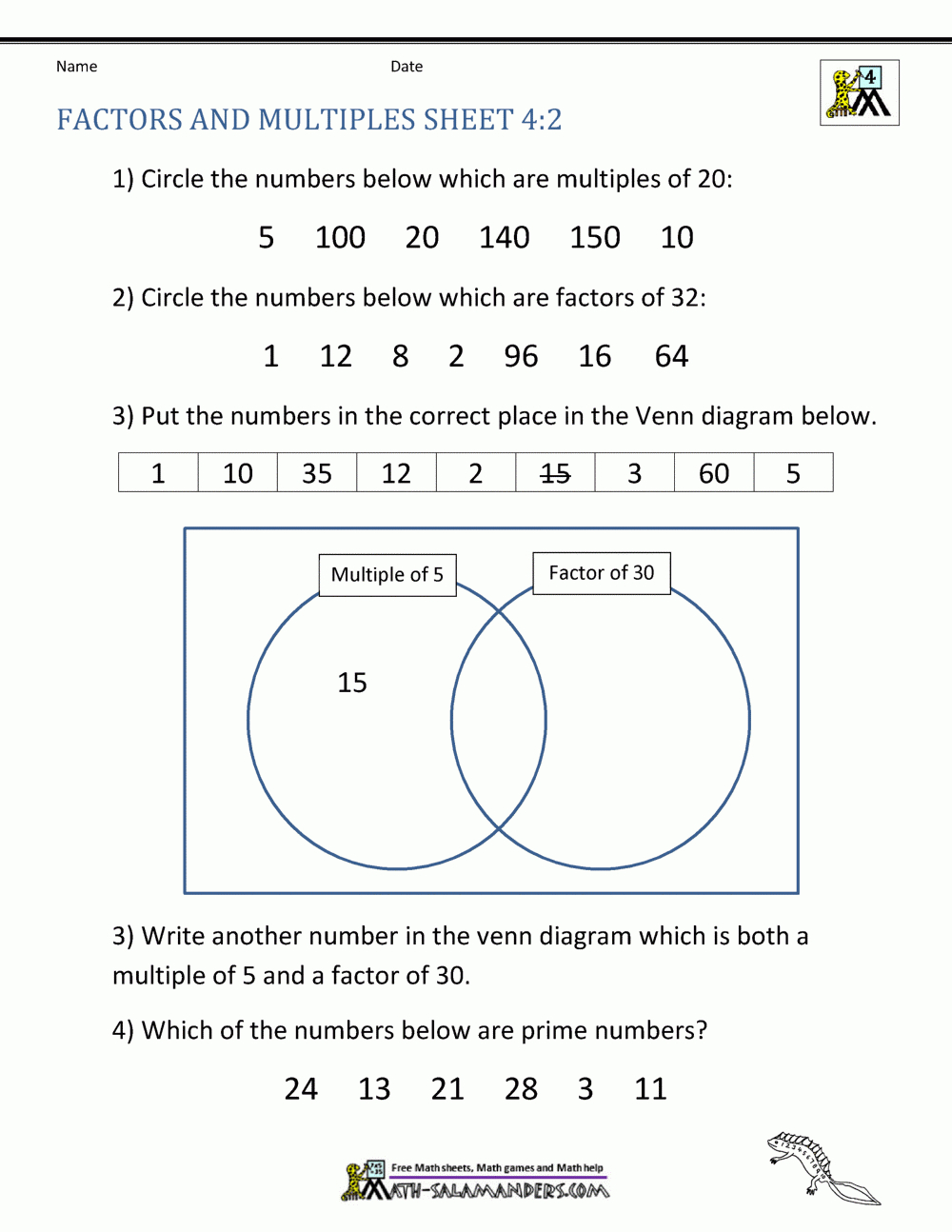 Factors And Multiples Worksheet regarding Multiple Worksheets
