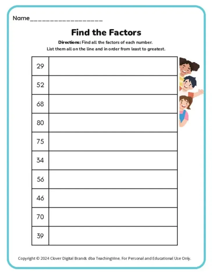 Multiples and Factors Worksheet