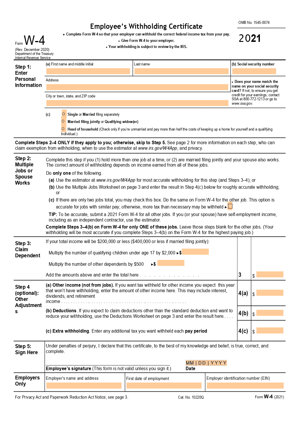 Form W-4 (Employee&amp;#039;S Withholding Certificate) Template | Onlyoffice in W-4 Multiple Jobs Worksheet