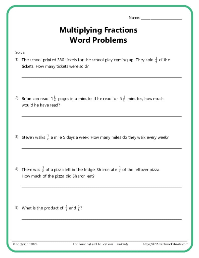 Fraction Word Problems Worksheets - K12 Math Worksheets inside Fraction Multiplication Word Problems Worksheet