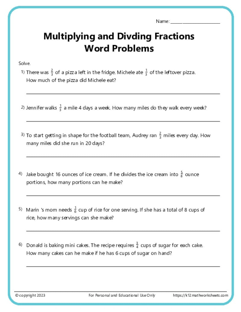 Fraction Word Problems Worksheets - K12 Math Worksheets throughout Division And Multiplication Word Problems Worksheets